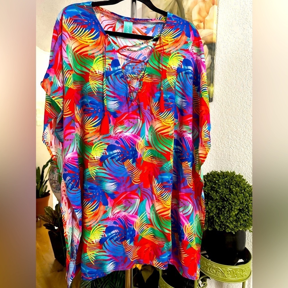 Sunset tropical leaf print caftan size S